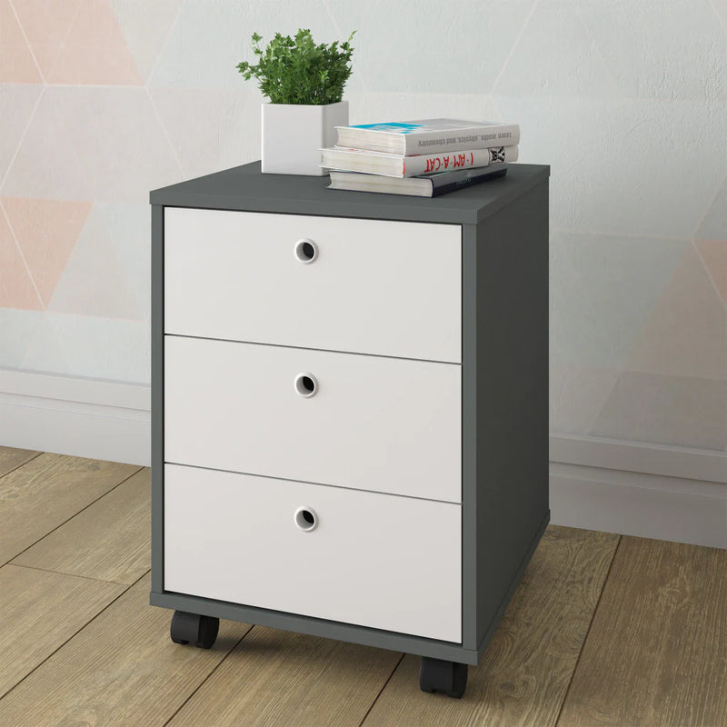 Gaveteiro 03 Gavetas com Rodinhas - Grafite e Branco