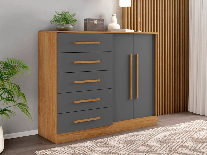 Cômoda de 1,32 com 2 portas e 5 gavetas cor  Grafite e Freijó