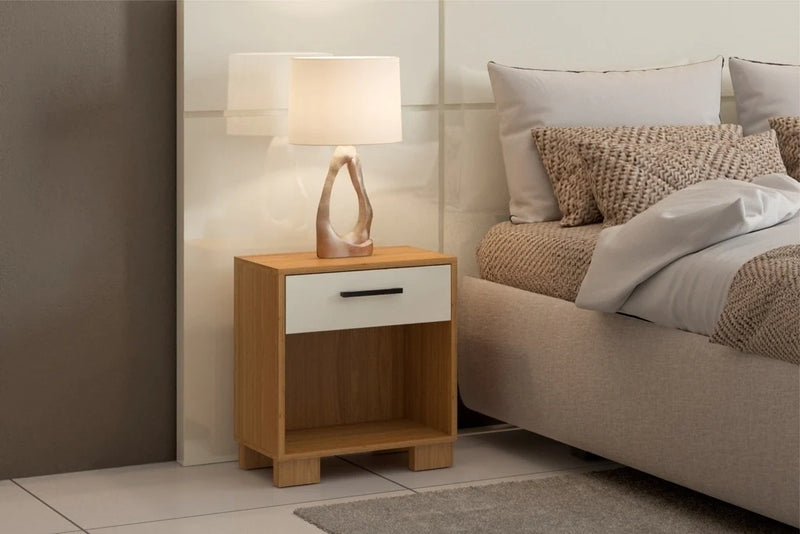 Mesa de cabeceira 100% MDF com uma Gaveta  Freijó e Off White